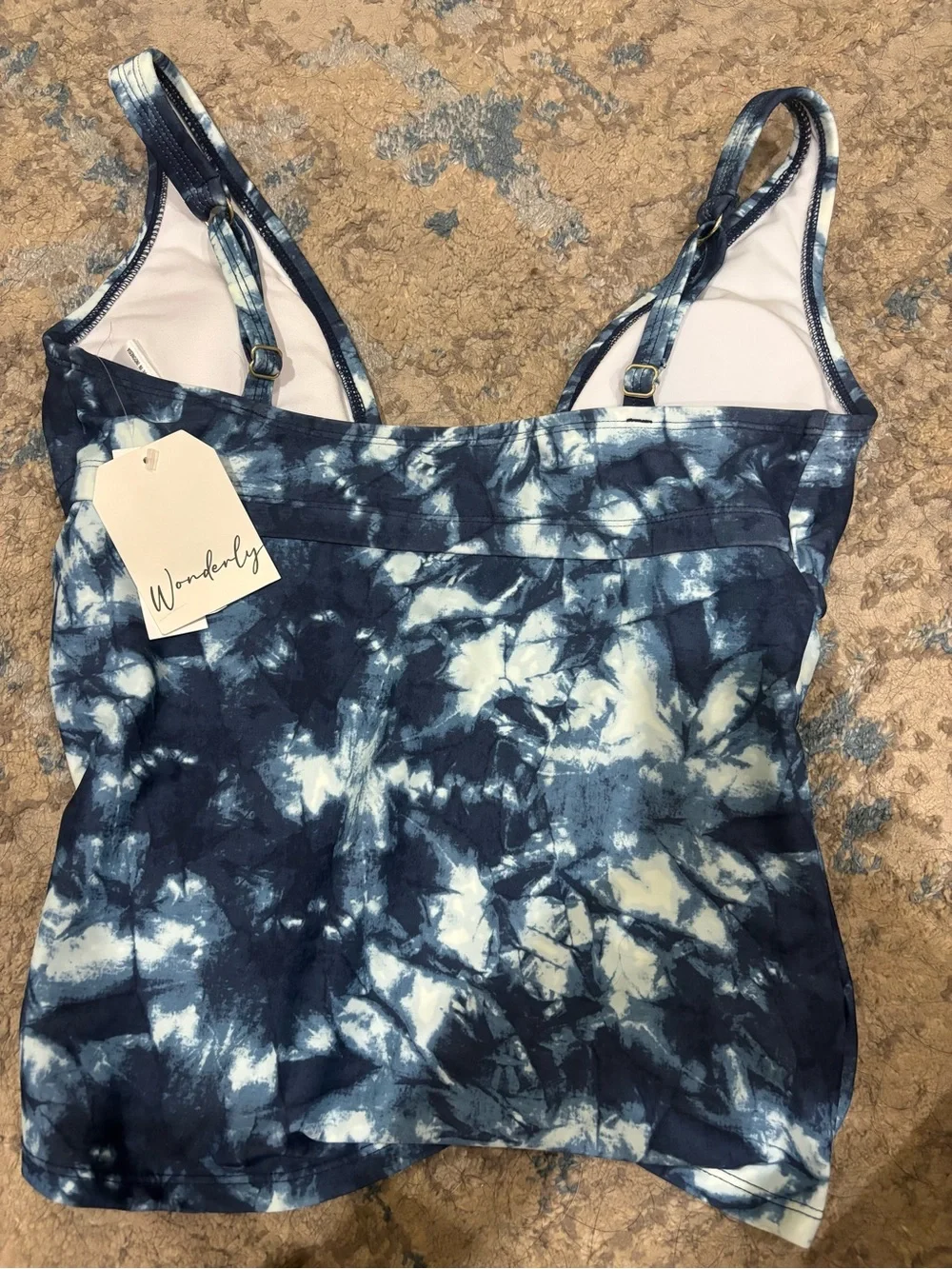 Wonderly Navy and White Tie-Dye Bikini Top with Gold Hardware